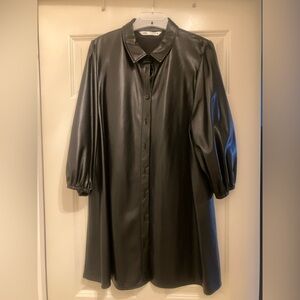 Zara Black Chic Faux Leather button down dress with puff sleeves